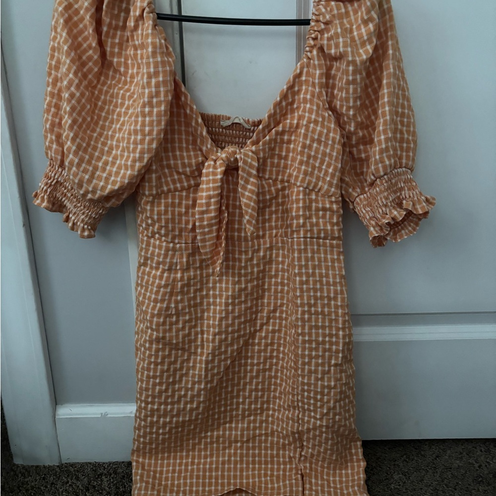 Altar'd State Orange Checkered Long Sleeve Dress